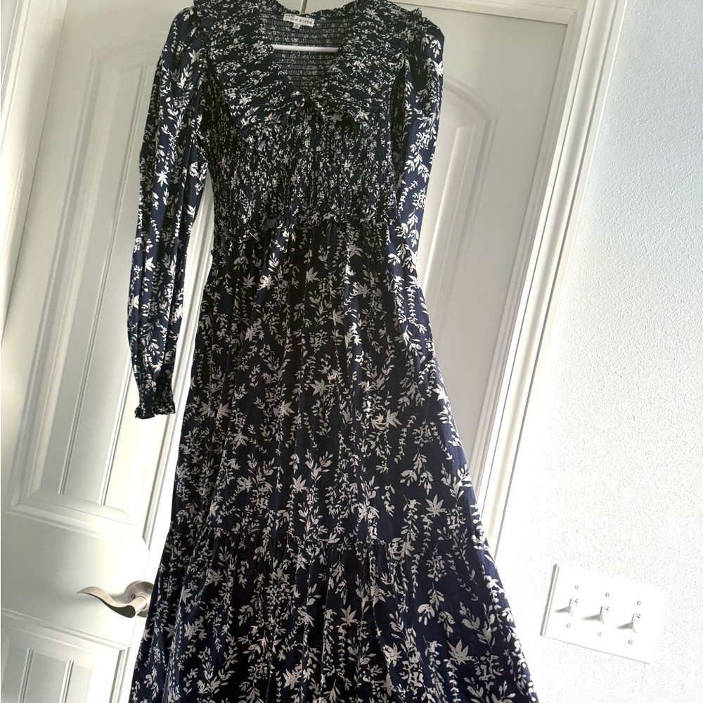 Moon River by Anthropologie -Long Navy Floral Maxi Dress with Smocked Bodice